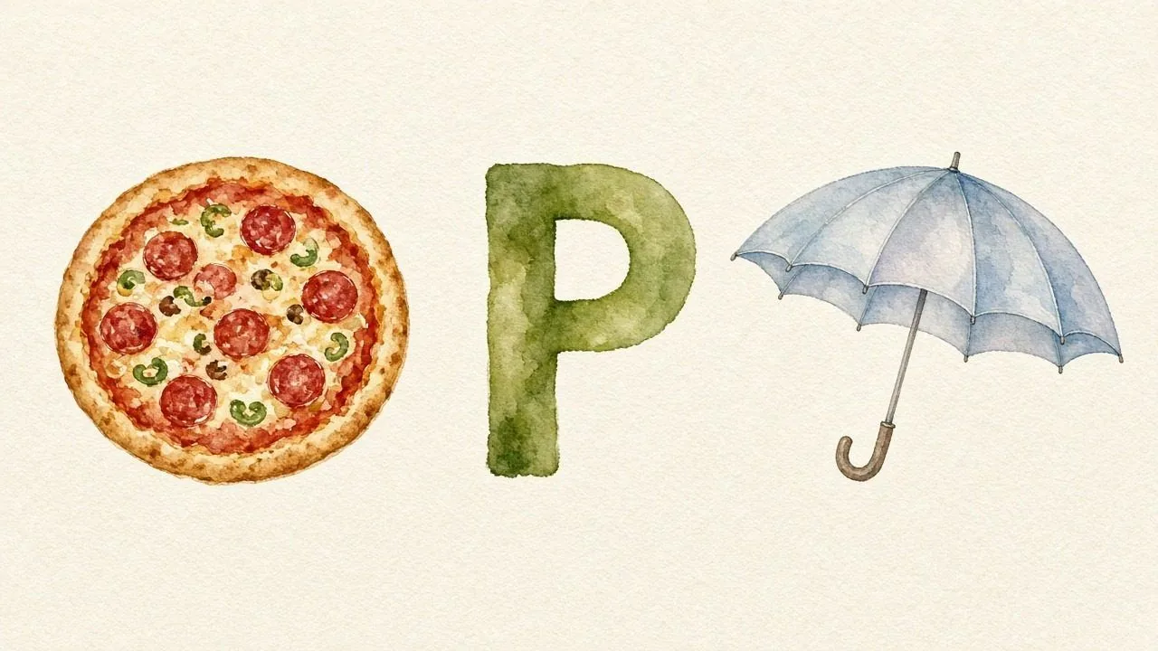 De pizza (Pietza), de letter P, P van de paraplu
