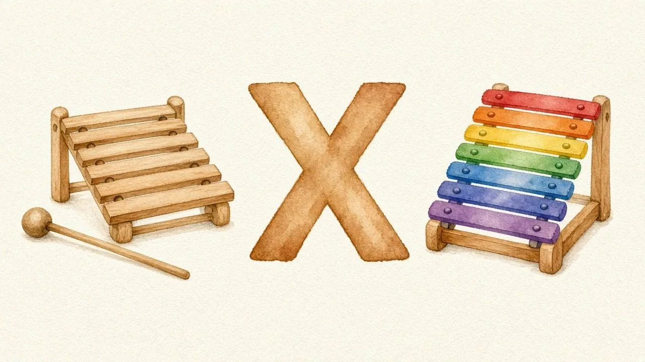 De xylofoon (Ksielofoon), de letter X, X van de xylofoon
