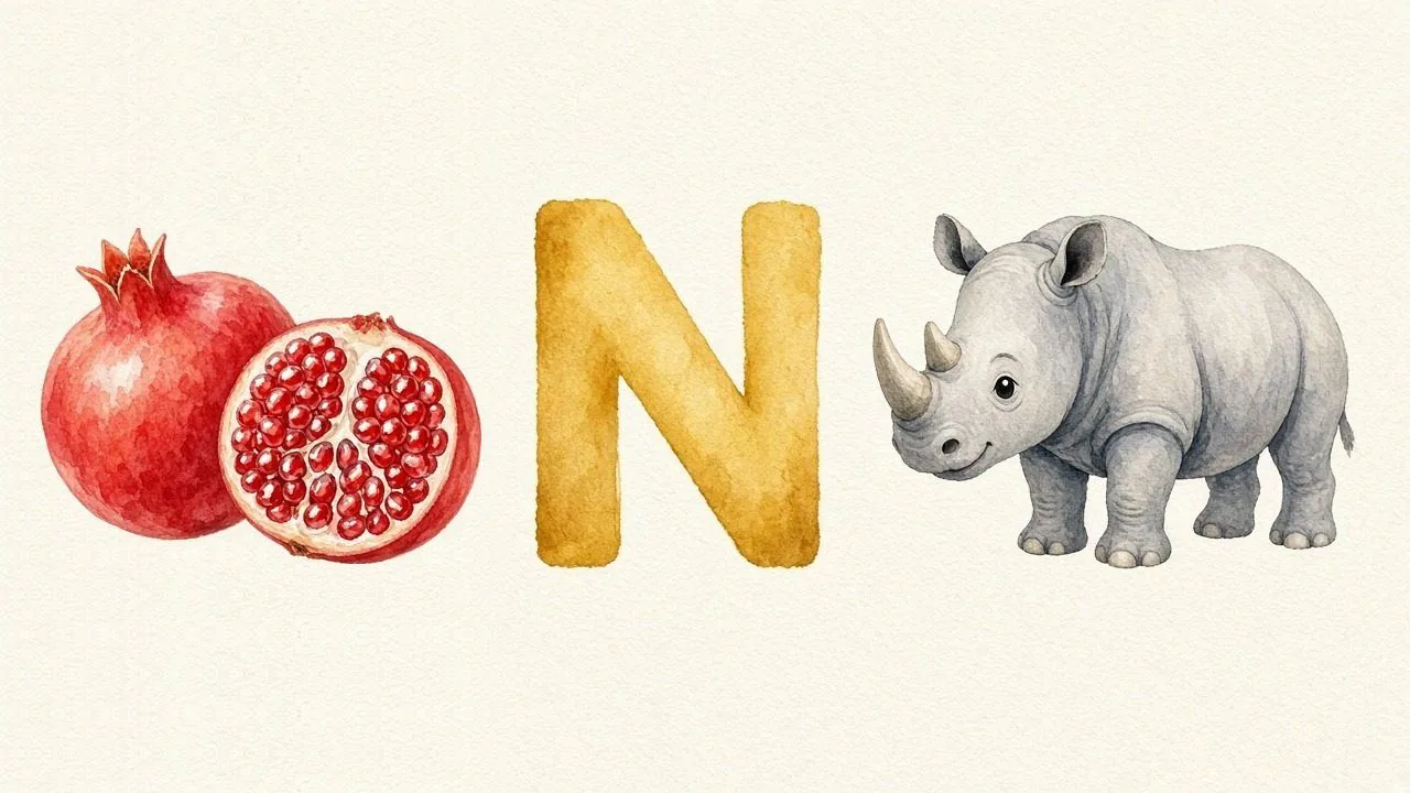 De granaatappel (Nar), de letter N, N van de neushoorn
