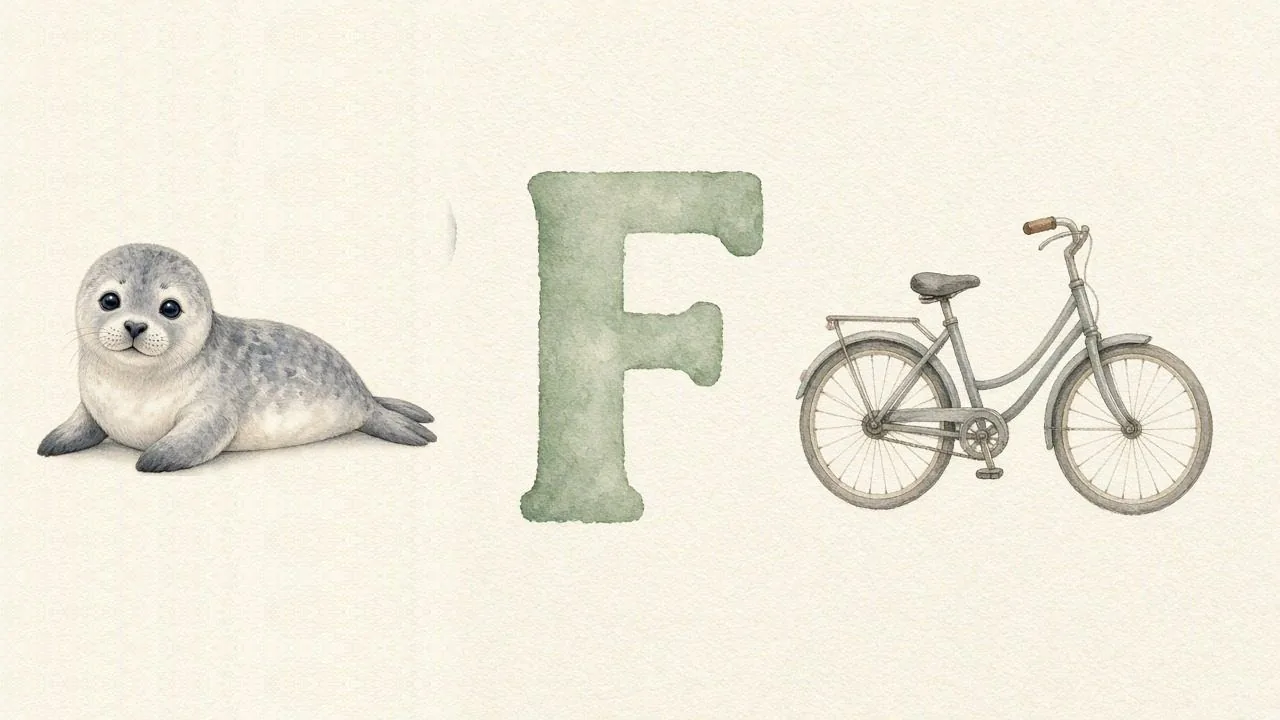 De zeehond (Foka), de letter F, F van de fiets