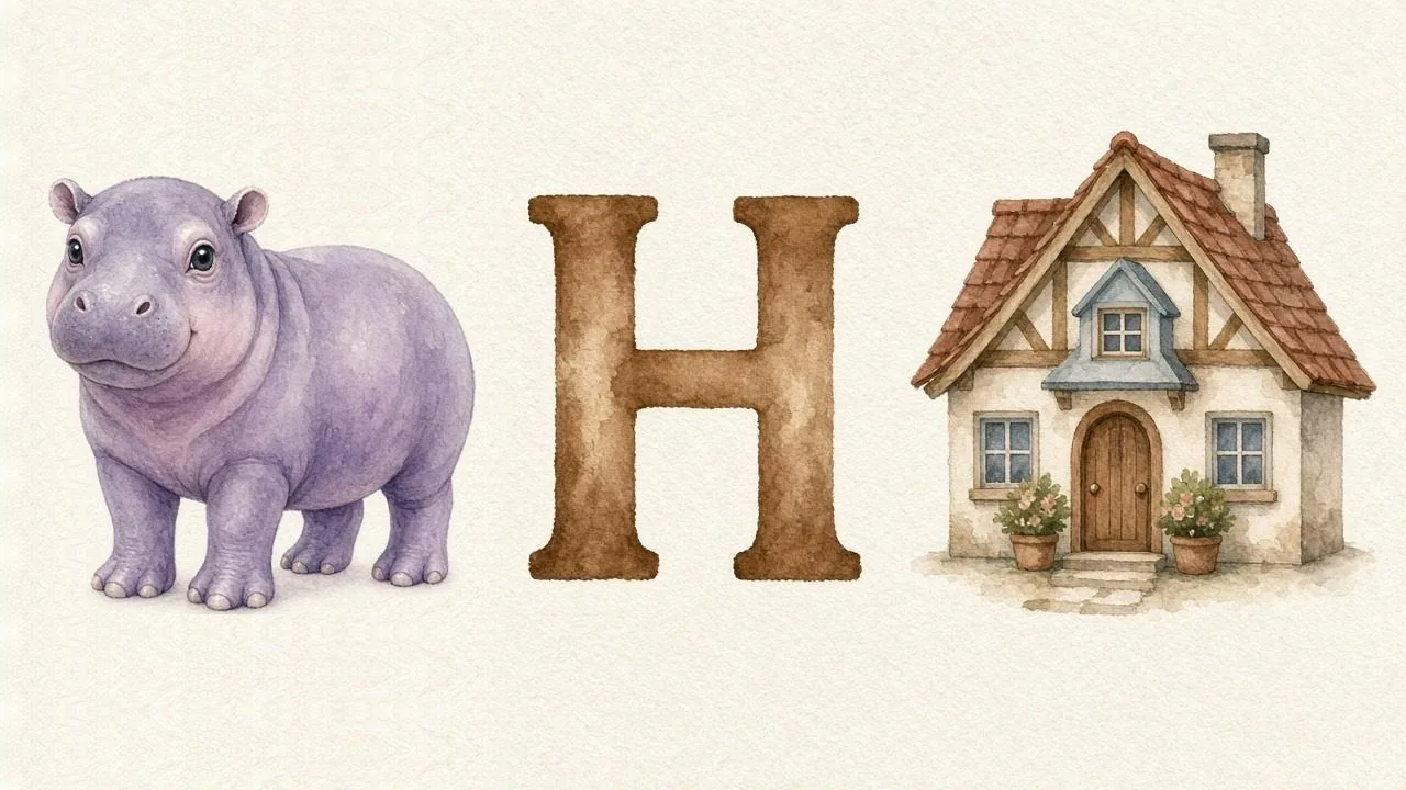 Het nijlpaard (Hipopotam), de letter H, H van het huis