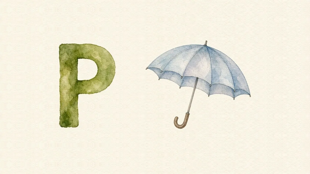de letter P, P van de paraplu