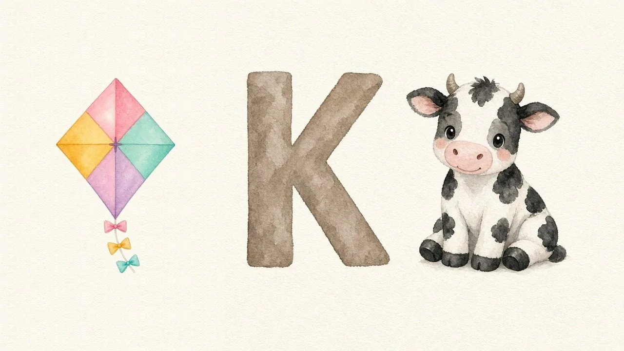 De vlieger (Kite), de letter K, K van de koe