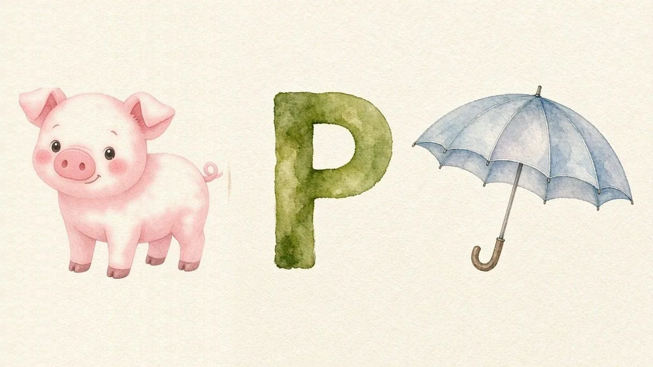 Het varken (Pig), de letter P, P van de paraplu
