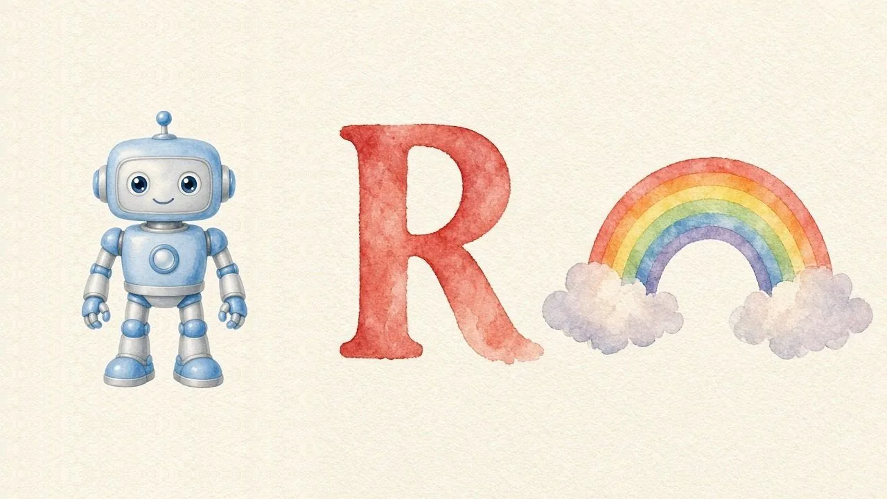 De robot (Robot), de letter R, R van de regenboog