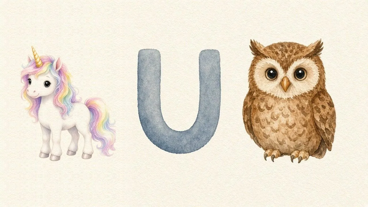 De eenhoorn (Unicorn), de letter U, U van de uil